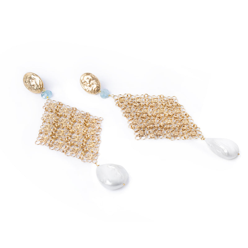 Filigree Earrings with Aquamarine and Pearl